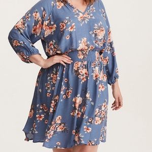 Torrid blue floral knee-length dress cinched waist